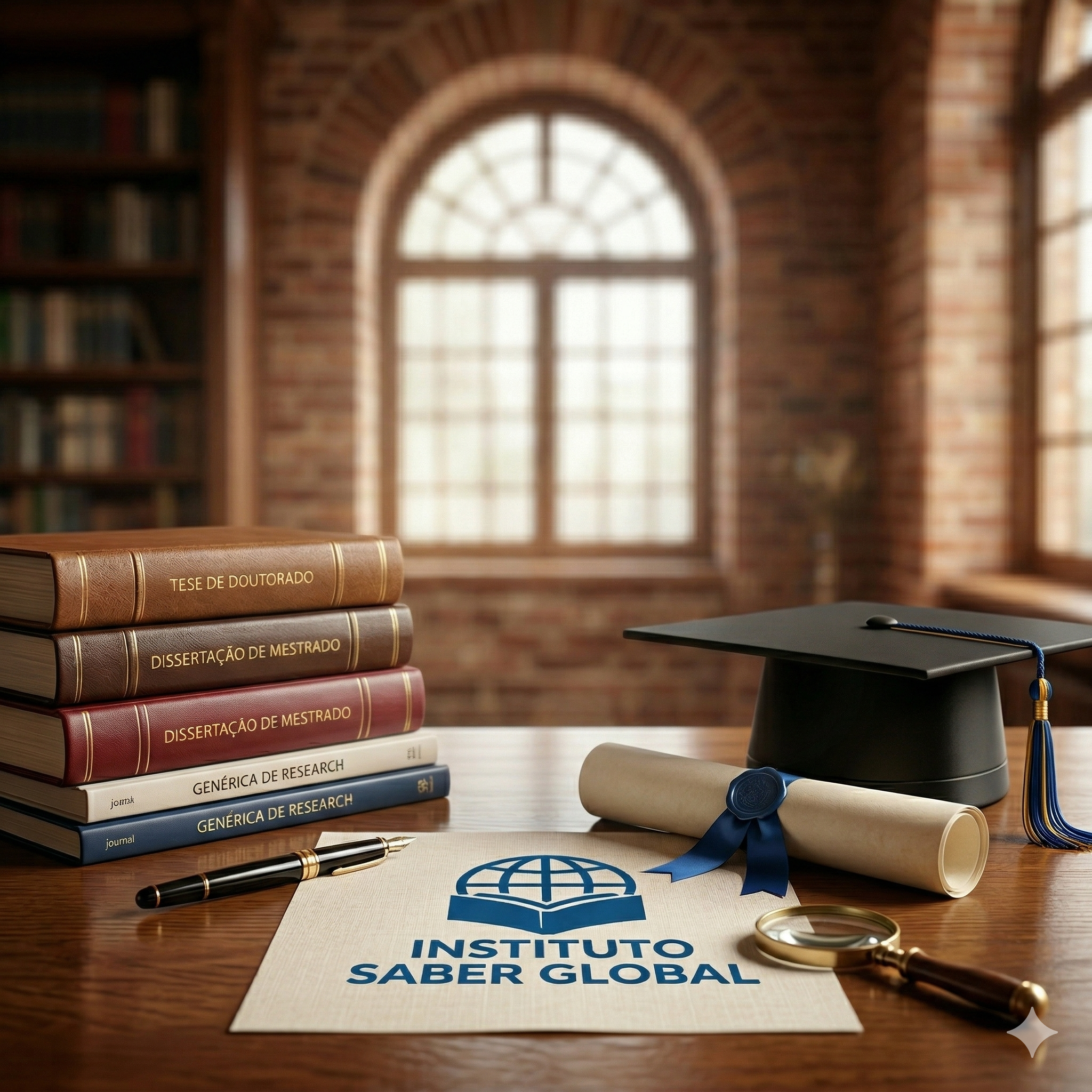 Saber Global - Mesa com livros e diploma